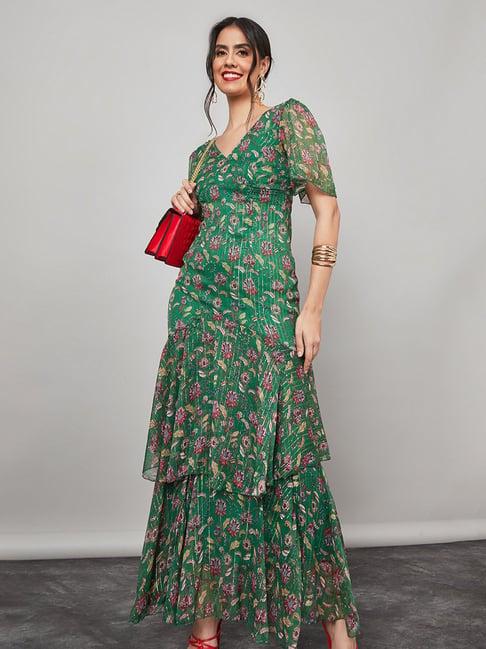 styli green floral print maxi dress