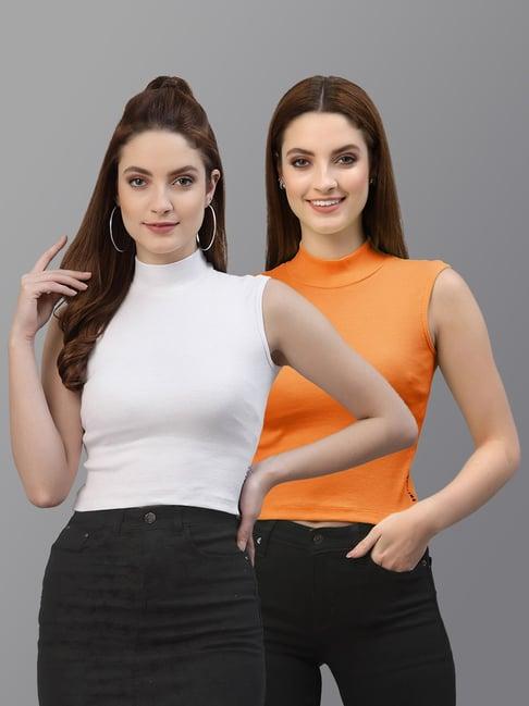 friskers white & orange cotton sleeveless top - pack of 2