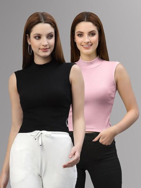 friskers black & pink cotton sleeveless top - pack of 2