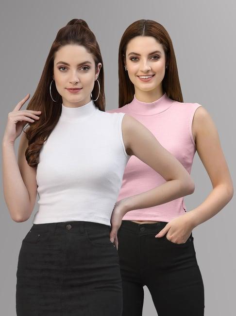 friskers white & pink cotton sleeveless top - pack of 2