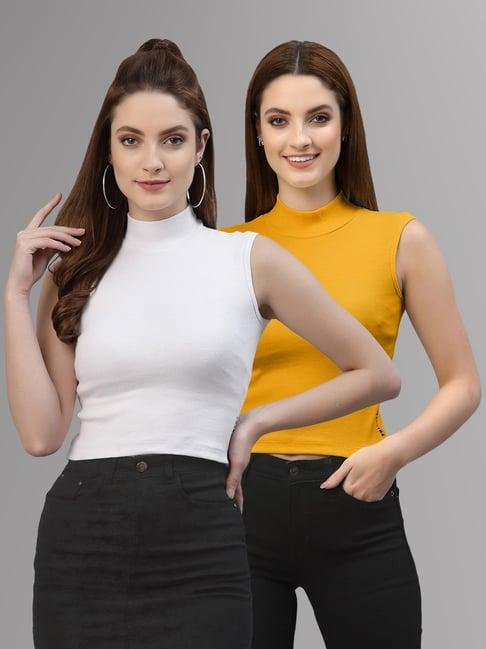 friskers white & mustard cotton sleeveless top - pack of 2