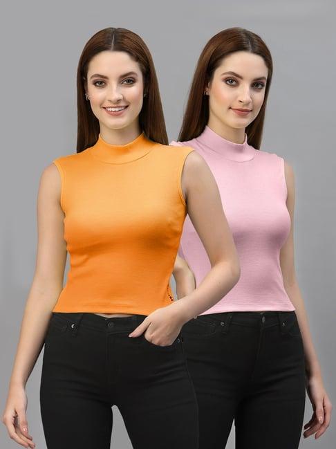 friskers orange & pink cotton sleeveless top - pack of 2