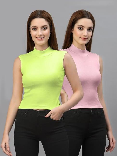 friskers green & pink cotton sleeveless top - pack of 2