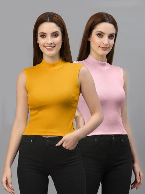 friskers mustard & pink cotton sleeveless top - pack of 2