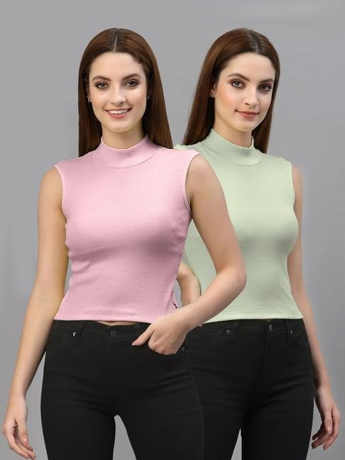 friskers pink & green cotton sleeveless top - pack of 2