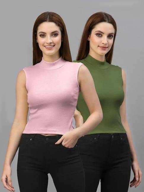 friskers pink & green cotton sleeveless top - pack of 2