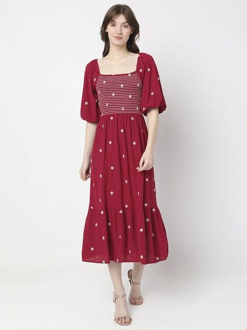 vero moda red embroidered a-line dress