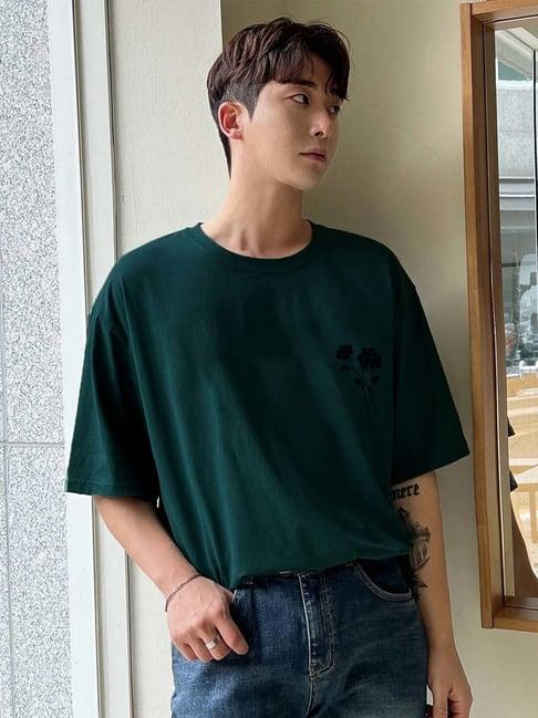 rigo oversized green loose fit print crew t-shirt