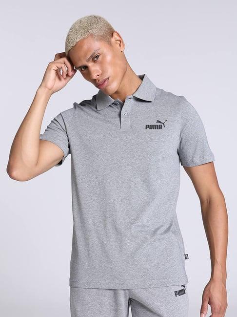 puma essentials grey cotton regular fit heathered polo t-shirt