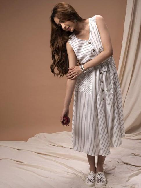 amukti off-white striped a-line dress