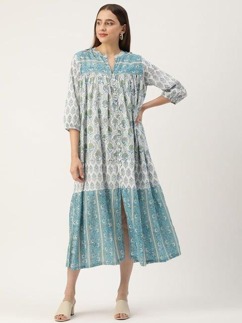 amukti off-white & blue cotton printed a-line dress