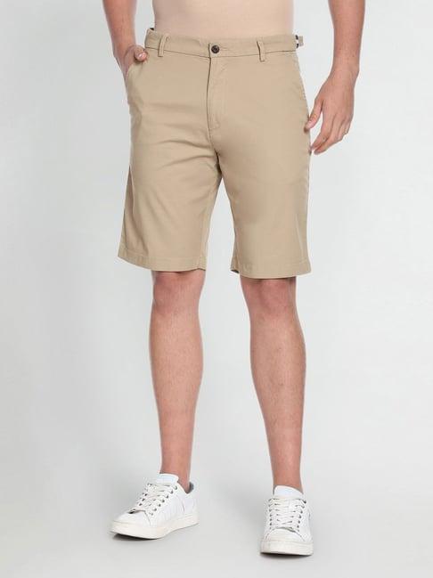 arrow sport beige cotton regular fit shorts