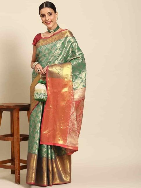 silk land teal green woven saree with unstitched blouse