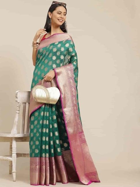 silk land kanjivaram silk green woven saree with unstitched blouse