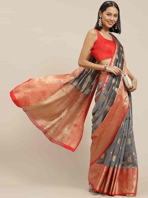 silk land kanjivaram silk grey woven saree with unstitched blouse