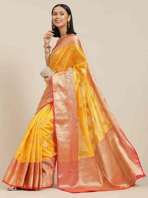 silk land kanjivaram silk yellow woven saree with unstitched blouse