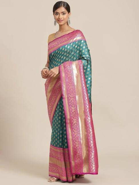 silk land teal green silk woven saree with unstitched blouse