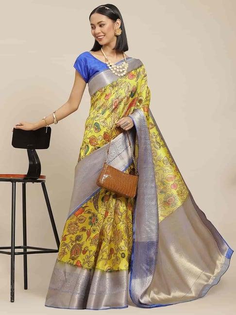 silk land yellow silk floral print saree with unstitched blouse