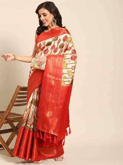 silk land cream & red silk floral print saree with unstitched blouse