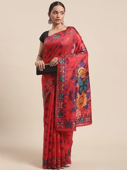 silk land red cotton woven saree with unstitched blouse