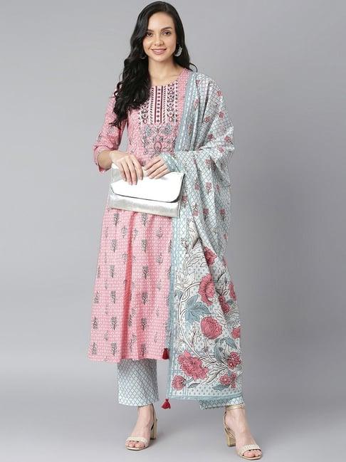 qomn pink & white cotton embroidered kurta palazzo set with dupatta