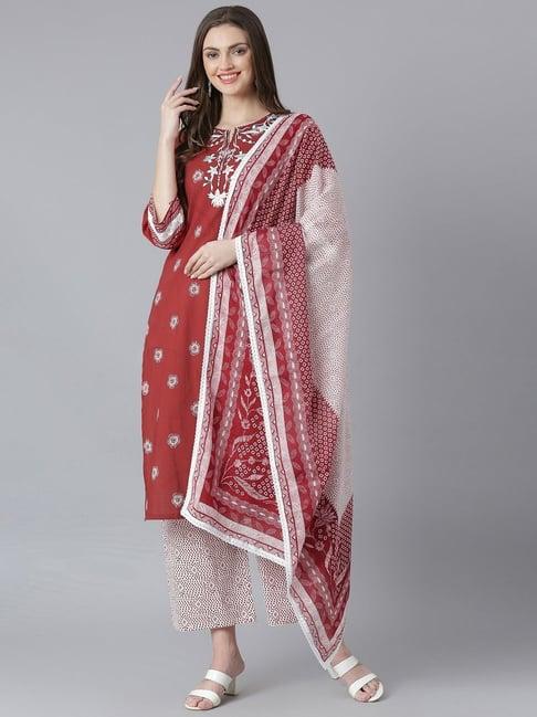 qomn maroon cotton embroidered kurta palazzo set with dupatta