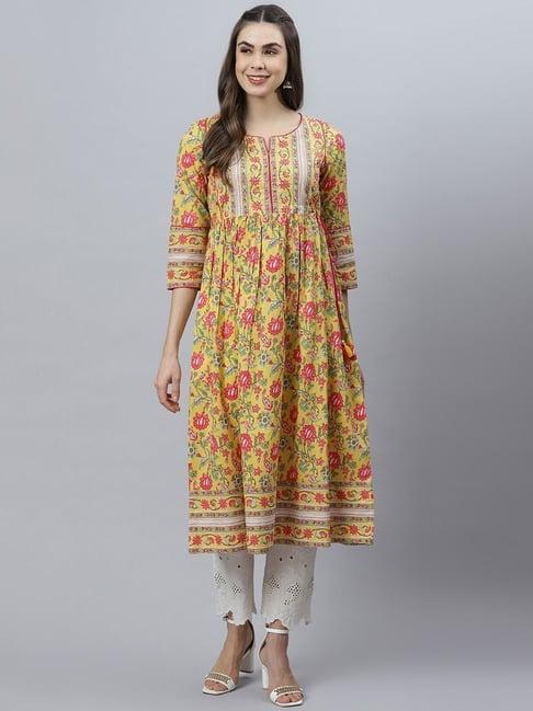 qomn yellow cotton floral print a line kurta