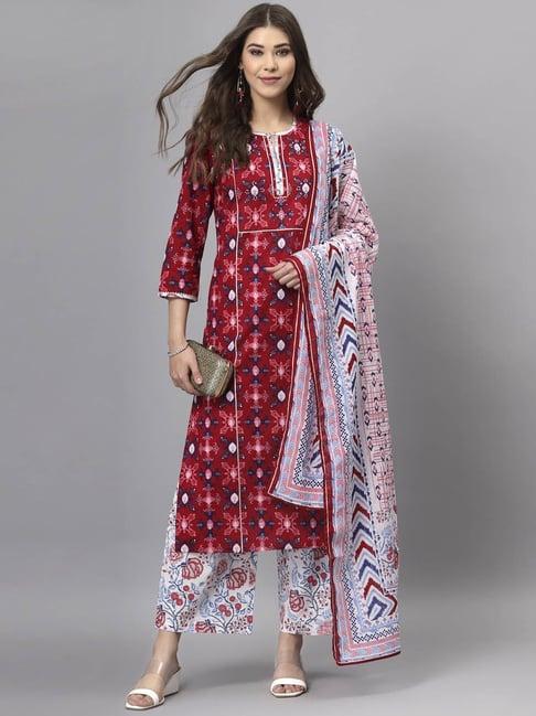 qomn maroon & blue cotton embellished kurta palazzo set with dupatta