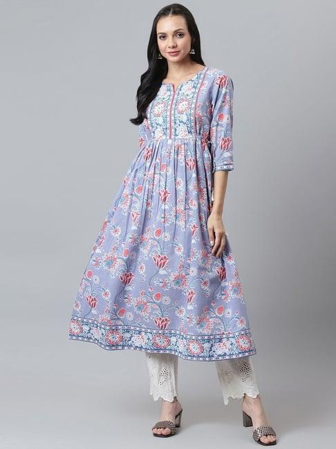 qomn blue cotton embellished a line kurta