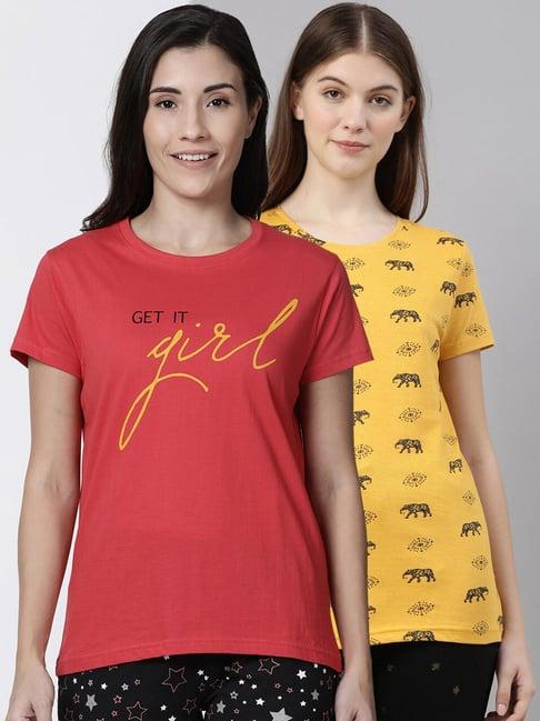 kryptic dark pink & mustard cotton printed t-shirt - pack of 2