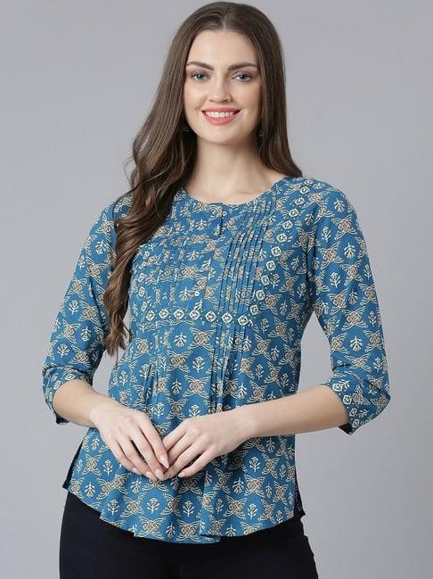 qomn teal blue cotton floral print top