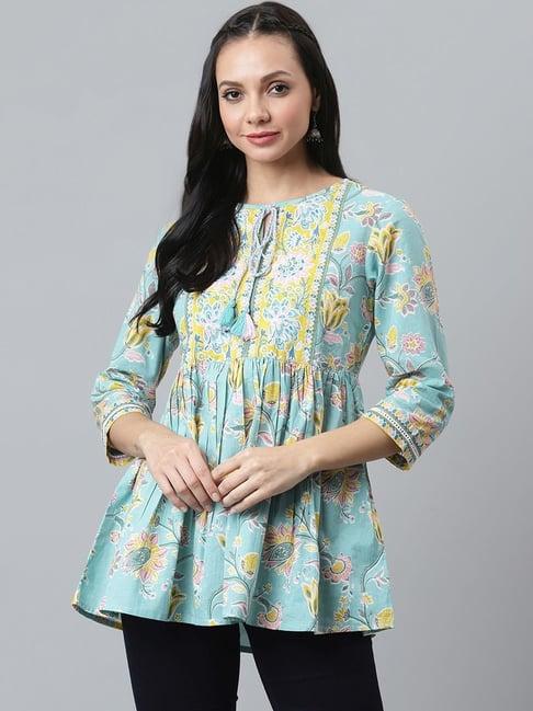 qomn sea green cotton floral print top