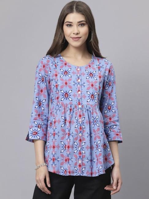 qomn blue cotton printed top