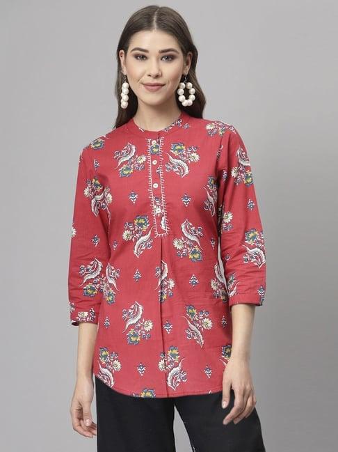 qomn red cotton floral print top