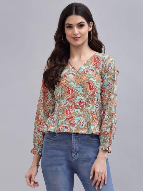 qomn khaki & blue cotton floral print top