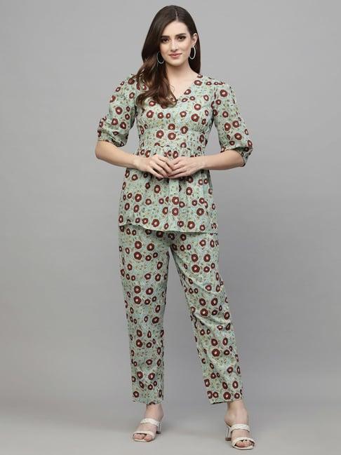 stylum turquoise cotton floral print tunic pant set