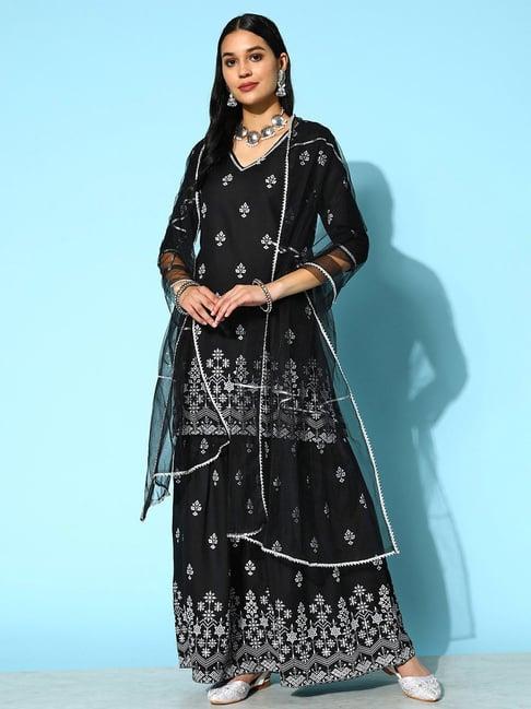 stylum black printed kurti sharara set with dupatta