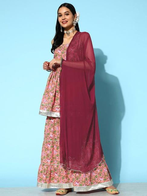 stylum coral floral print kurti sharara set with dupatta