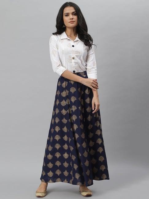 stylum off-white & blue printed shirt skirt set