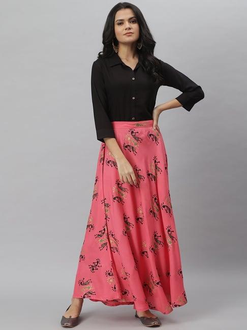 stylum black & pink printed shirt skirt set