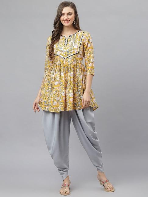 stylum mustard & grey floral print kurti dhoti pant set