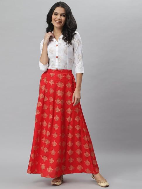 stylum off-white & red printed shirt skirt set