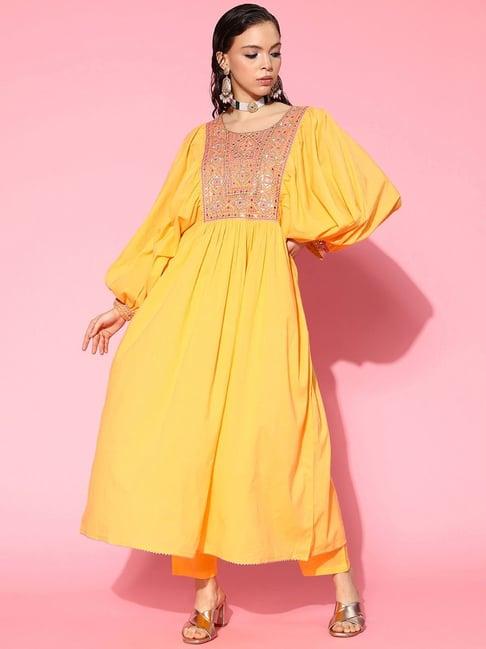 prakrti yellow cotton embroidered kurta pant set