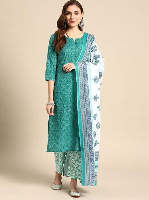 prakrti blue cotton printed kurta pant set with dupatta