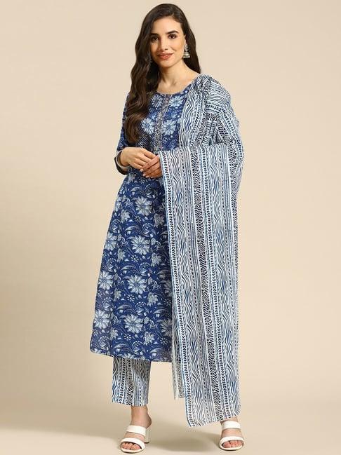 prakrti blue cotton printed kurta pant set with dupatta