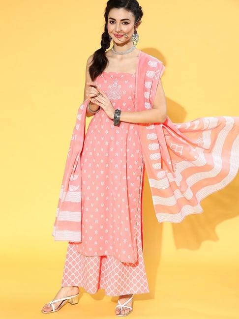 prakrti pink cotton printed kurta palazzo set with dupatta