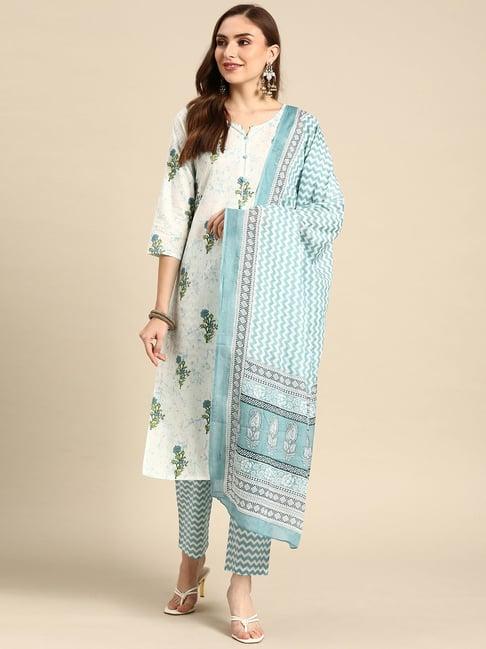 prakrti white & blue cotton printed kurta pant set with dupatta