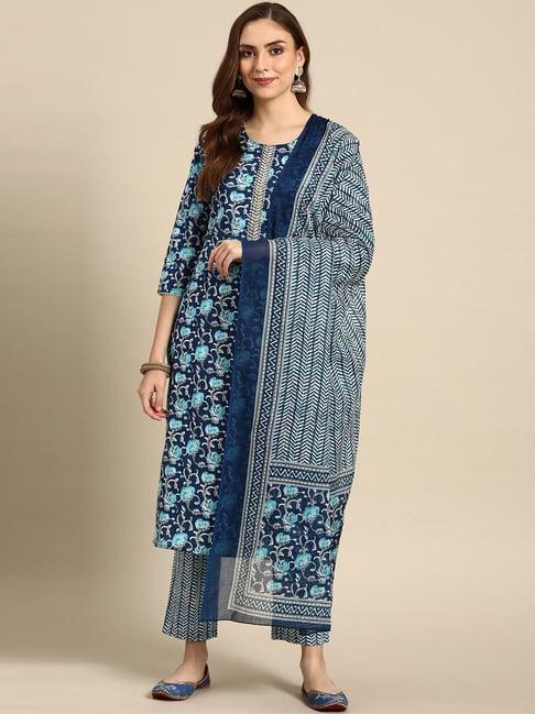 prakrti blue cotton printed kurta pant set with dupatta