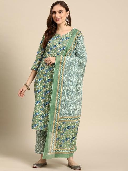 prakrti green cotton printed kurta pant set with dupatta