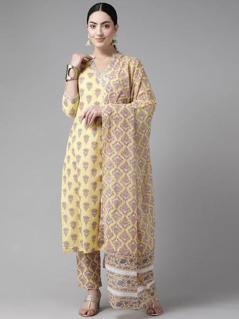 prakrti yellow cotton printed kurta pant set with dupatta